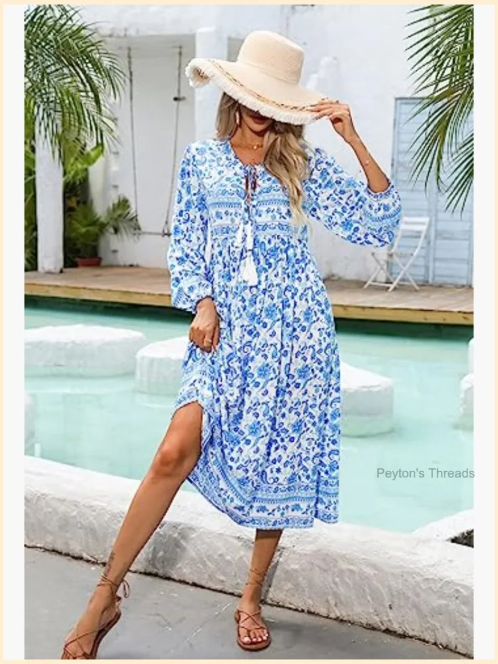 Long Sleeve Floral Print Retro V Neck Tassel Casual Bohemian Midi Dress
